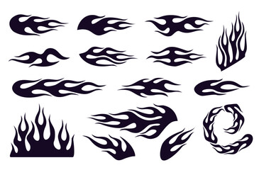 Flame decal. Fire abstract black silhouette  flames for race car or tattoo. Tribal flame hotrod car vinyl decals and motorcycle airbrush stencil. Burning element vector set