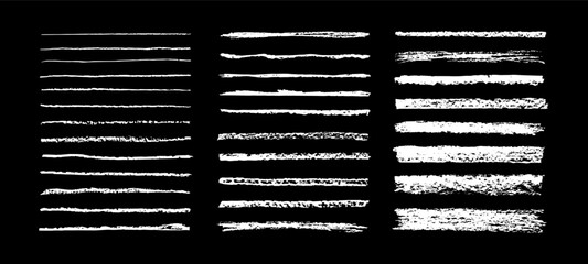 Chalk grunge brushes. Charcoal pencil horizontal lines. Scribble black strokes. Crayon texture smears, hand drawn chalk strokes, pencil underline and divider. Vector set