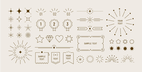 Glitter sunburst frames. Decorative geometric stars, sparkles and badges, ribbons and border frames in minimal line art style. Banner elements for logo, label vector set