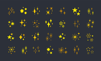 Twinkling star icons. Yellow shiny sparkles with Christmas magic star shapes and glowing bursts, sparkling Christmas twinkle and gold stars flash. Vector set