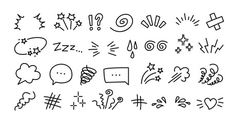 Expression sign. Comic doodle elements, cartoon speech bubble, manga expression symbols, question and exclamation mark, star sparkle, swirl and explosion. Vector anime set © Ukio.stock