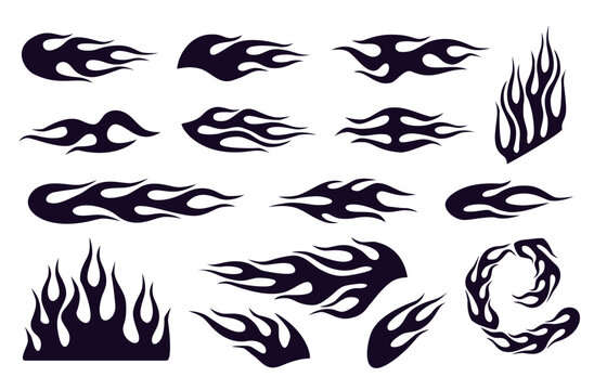 Flame decal. Fire abstract black silhouette  flames for race car or tattoo. Tribal flame hotrod car vinyl decals and motorcycle airbrush stencil. Burning element vector set