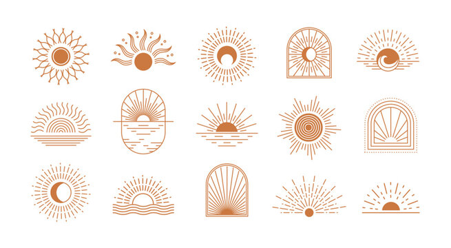 Bohemian sun. Abstract boho suns and arc windows, sunburst. Bohemian minimalist line sunrise and sunset in water of sea waves. Vector mystic outline icons and logo