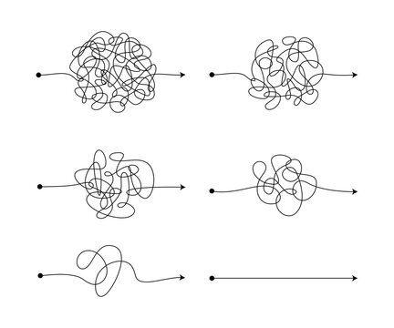 Messy lines. Complicated scribble path, messy tangle, doodle knot as thought from complex to easy solution. Confused brain problems. Labyrinth and chaos vector concepts