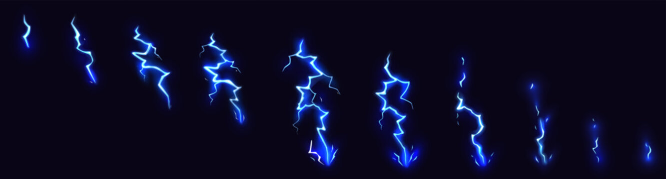 Cartoon lightning animation. Thunder bolt animated frame, blue electric strike game effect, comic thunderbolt hit. Lightnings shining flash vector set isolated on dark