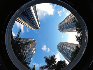 Urban cityscape viewed from below, featuring modern high-rise buildings reaching towards a clear blue sky. Lush green foliage and trees are visible between the skyscrapers