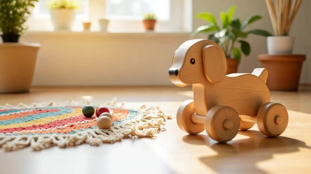 Wooden toy dog on wheels in a bright room with plants  