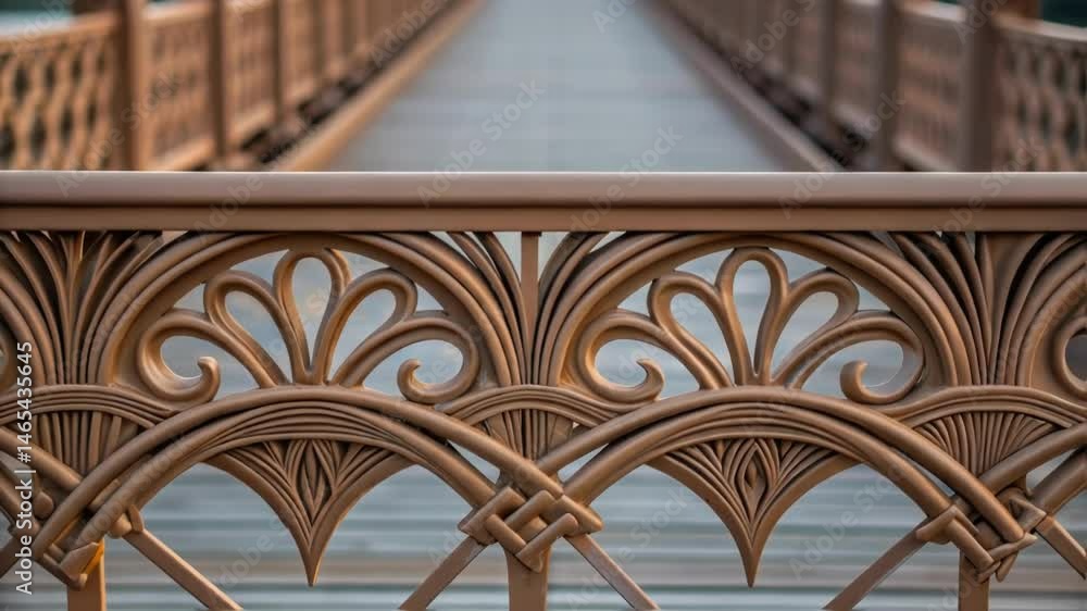 Poster A closeup of a customized railing on the bridge featuring organic flowing designs that contrast with the rigid lines of traditional bridge railings demonstrating innovative design
