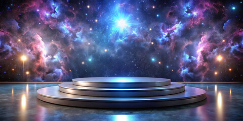 A striking cosmic stage set against a backdrop of colorful galaxies and bright stars, evoking a sense of wonder and the vastness of the universe, perfect for an otherworldly presentation
