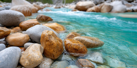 Close-Up of Smooth Rocks in Clear Stream with Turquoise Water