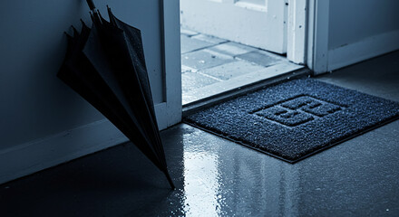 Wet umbrella leaning against wall near doormat after rain