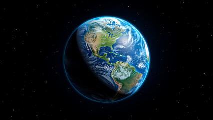 Fototapeta premium The view highlights Earth's captivating blue oceans and green landmasses, with clouds swirling over continents. Space offers a unique perspective of our planet's natural beauty and diversity