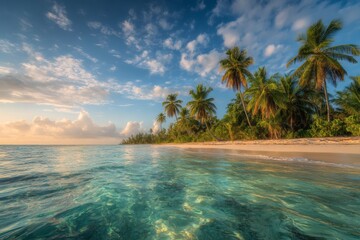 Tranquil island beach sunrise calm ocean palm trees sandy shore © ROUNDUP STD