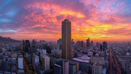 Obraz premium Panoramic view of a city skyline at vibrant sunset. Towering buildings, roads, and a multitude of structures form a cityscape. Colorful clouds and a fiery sunset paint the sky
