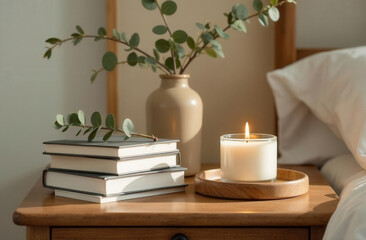 Close-up of a minimalist nightstand with a stack of books, round wooden tray, scented candle, and dried eucalyptus branch, soft golden hour lighting, cozy and calm atmosphere