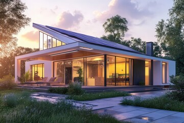 Fototapeta premium Modern house design with solar panels at sunset.