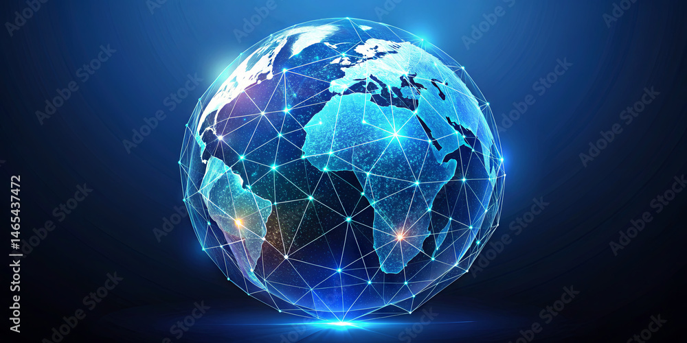 Poster the visual displays a luminous globe with interconnected lines that symbolize the essence of global 