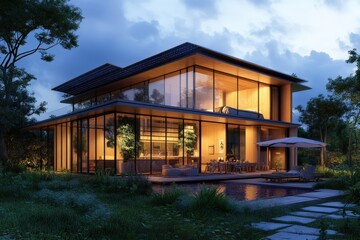 Modern dwelling illuminated at twilight, surrounded by greenery.