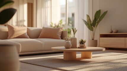 Modern beige living room with sunlight streaming in.  Beige sofa, wooden coffee table, potted plants, and soft lighting