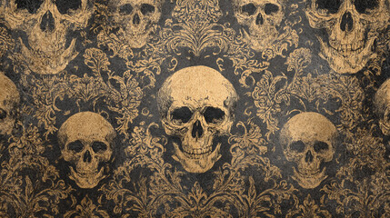 Patterned background with multiple skulls and floral designs in a vintage gothic style aesthetic