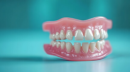 Obraz premium A close up of dentures with a plain blue background.