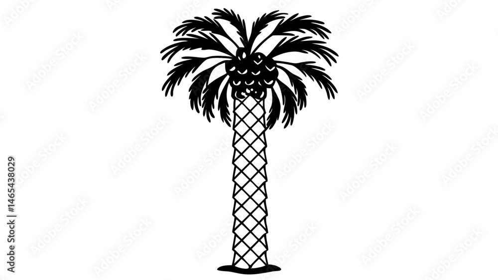 Poster illustration of a palm tree with detailed fronds and a textured trunk on a white background design e