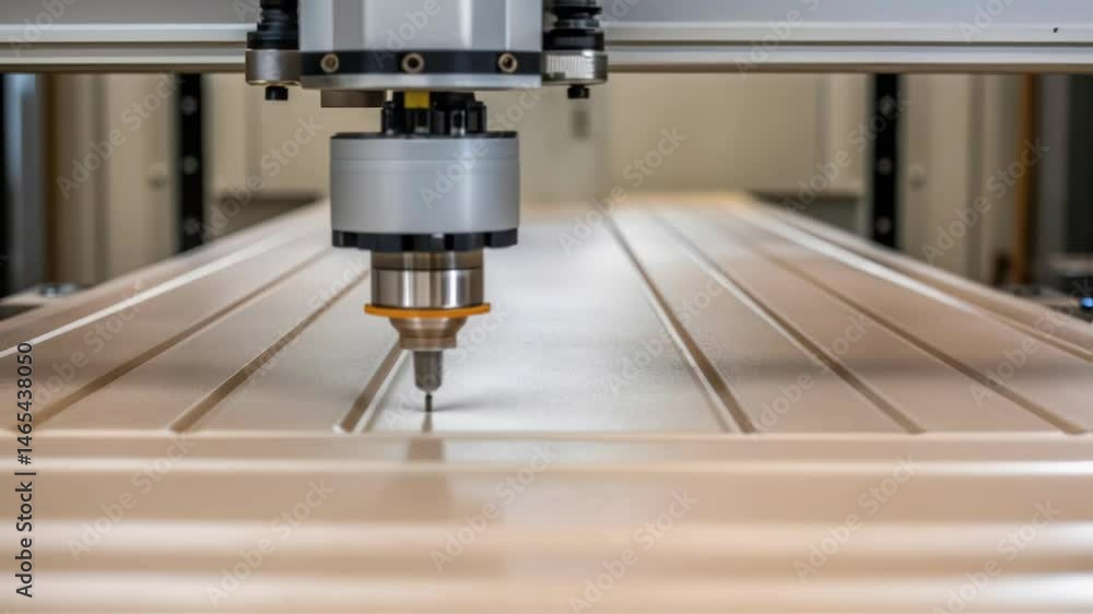 Poster precision cnc machine engraving intricate patterns and functional grooves into wooden plank, showcas