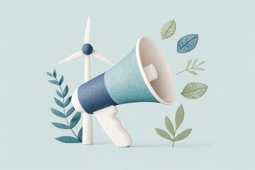 Stylized Megaphone With Wind Turbine Highlights Environmental Awareness and Sustainability Concepts