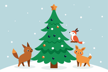 Naklejka premium forest animals decorating a pine tree with natural