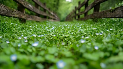 Lush Green Meadow Path with Wooden Fence Leading to Forest