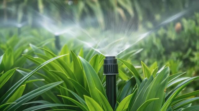 A closeup of a lush green buffer zone interspersed with automated dust suppressors illustrating how natural elements work in conjunction with technology to minimize airborne