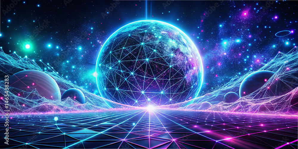 Poster a mesmerizing cosmic landscape showcases a radiant planet surrounded by colorful galaxies and swirli