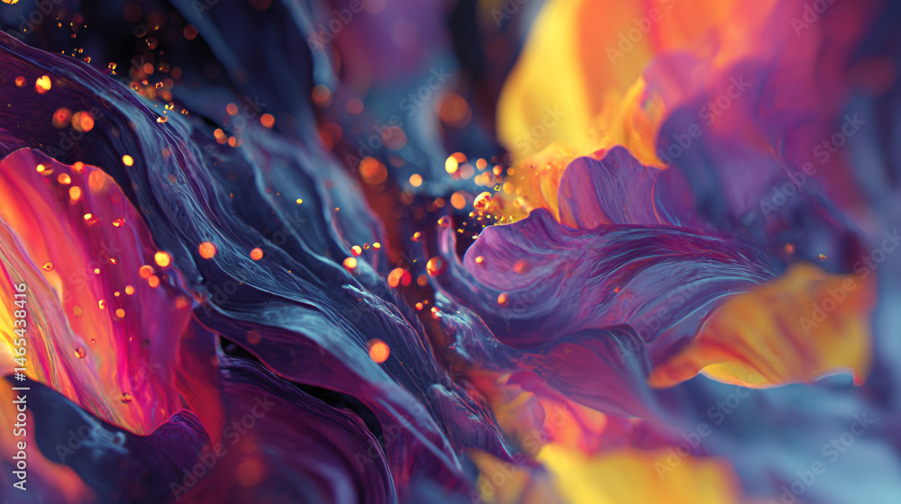 Poster abstract colorful background with flowing shapes and glowing particles in a dynamic composition