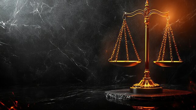 A simple depiction of justice is shown with a black scale set against a dark background