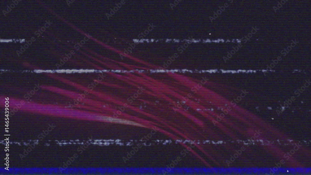 Poster glitch effect being displayed on black screen with vhs scanline artifacts and red diagonal streaks