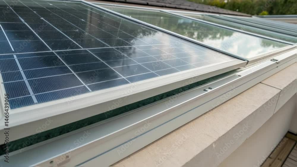 Poster a closeup of an innovative solar window where thinfilm solar technology is visibly laminated between