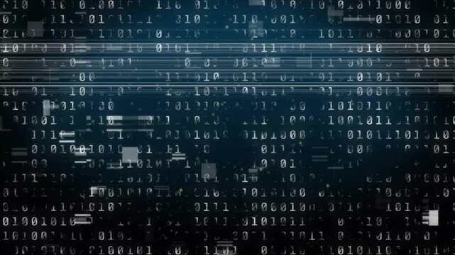 Binary digits floating across dark gradient in flat design showing glitch lines and noise artifacts