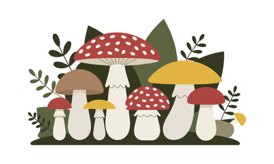 Modern flat vector illustration of various forest mushrooms, easily scalable and editable.
