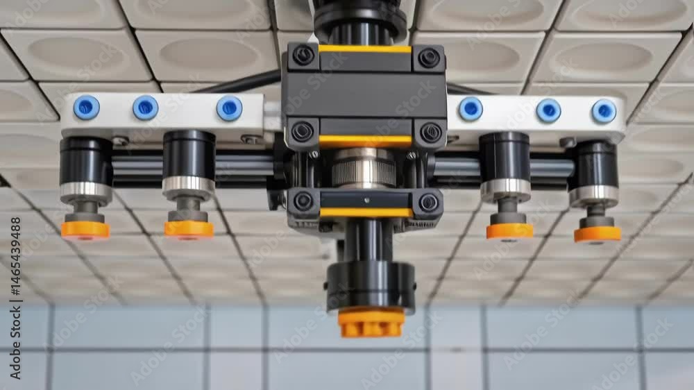 Poster A closeup of a robotic arms gripper mechanism showcasing multiple suction cups and sensors designed to securely hold and manipulate lightweight ceiling tiles.