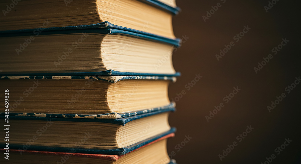 Poster Stack of old books forming a tower of knowledge in a library