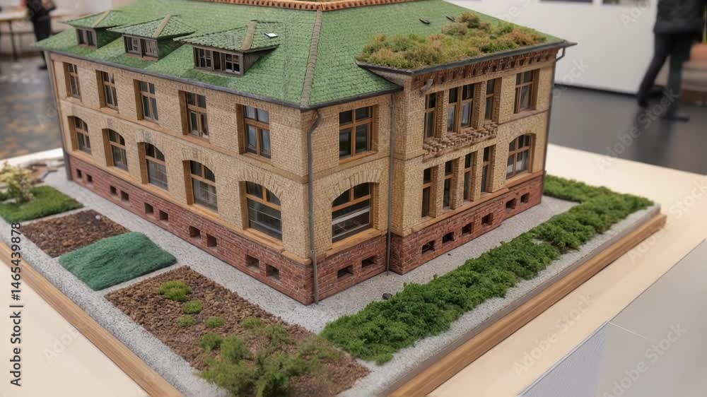 Aufkleber A closeup of a scale model of a building constructed from carbonabsorbing materials highlighting the intricate design and sustainable features.