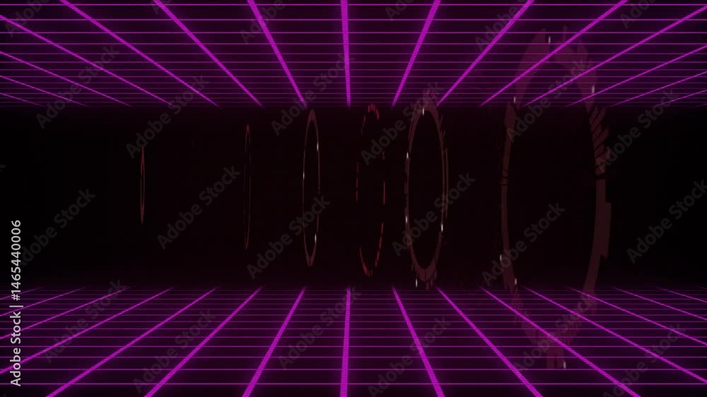 Poster neon magenta wireframe grid forming floor and ceiling while translucent rings floating horizontally