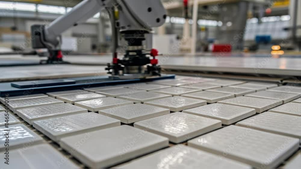 Fototapete A closeup of a set of perfectly aligned tiles showcasing the precision of the robotic installation with reflections and texture detail of each tile.