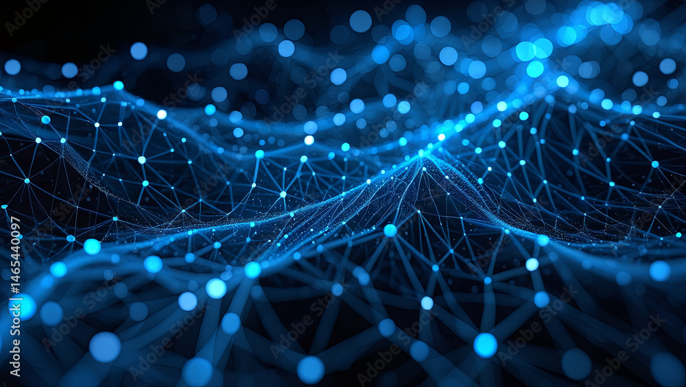 Poster this visual displays an intricate network of luminous blue nodes and lines interwoven to form a dyna