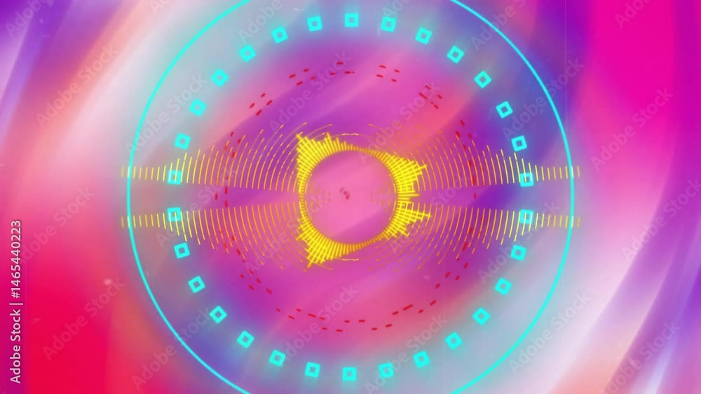 Poster concentric waveform bars pulsating around yellow ring, forming animated display on purple gradient