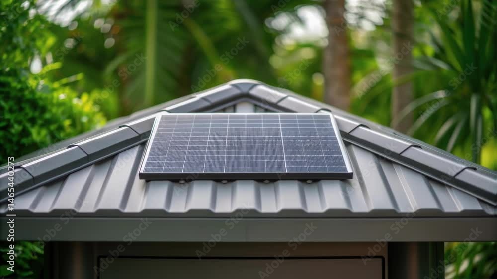 Aufkleber A closeup of a solar panel installed on a 3Dprinted roof emphasizing the combination of renewable energy technology with sustainable building practices surrounded by greenery.