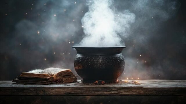 Dark cauldron steaming over old book on wooden table.