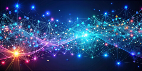 Obraz premium Bright dots and lines create a mesmerizing visual representing a complex digital network. This artwork showcases vibrant colors merging in a dark background, suggesting innovation and technology
