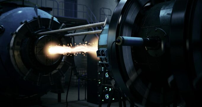 Powerful machinery in a laboratory generates a vibrant spark, showcasing cutting edge technology. The setup emphasizes engineering prowess and experimentation in energy manipulation.