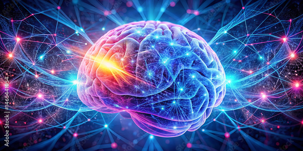 Poster a brain is depicted with vibrant colors and intricate neural connections, showcasing activity and th